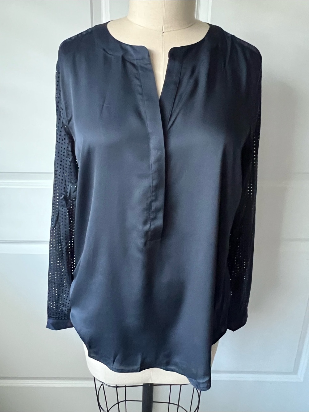 NWOT Ann Taylor Navy Satin Blouse with Eyelet Long Sleeves